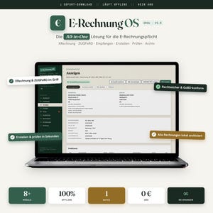 May include: A laptop screen displaying the E-Rechnung OS software interface for electronic invoicing. The screen shows invoice details, including sender and recipient information, with various feature labels like XRechnung & ZUGFeRD im Griff.