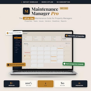 Könnte beinhalten: Ein Laptop mit der Benutzeroberfläche der Software Maintenance Manager Pro, die ein Dashboard mit Kalenderansicht, Immobilienkennzahlen und Aufgabenlisten zeigt. Der Bildschirm enthält Textüberlagerungen wie Ready in 5 minutes.