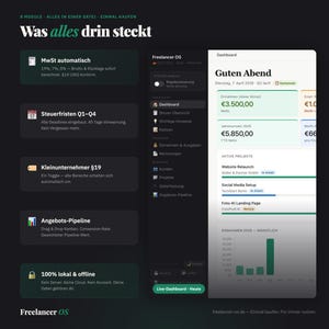 Może przedstawiać: Cyfrowy interfejs pulpitu nawigacyjnego o nazwie Freelancer OS na ciemnym tle. Układ zawiera pasek boczny z linkami nawigacyjnymi oraz gł&oacute;wny panel z podsumowaniami finansowymi, aktywnymi projektami i wykresem słupkowym miesięcznych dochod&oacute;w.