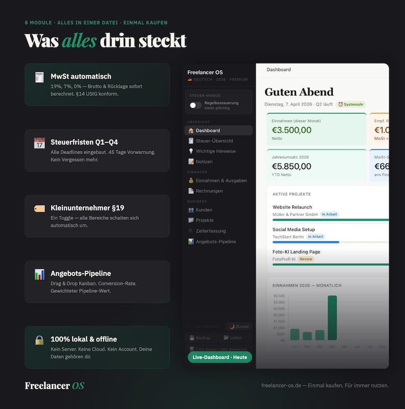 Może przedstawiać: Cyfrowy interfejs pulpitu nawigacyjnego o nazwie Freelancer OS na ciemnym tle. Układ zawiera pasek boczny z linkami nawigacyjnymi oraz gł&oacute;wny panel z podsumowaniami finansowymi, aktywnymi projektami i wykresem słupkowym miesięcznych dochod&oacute;w.