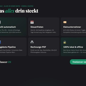 Może przedstawiać: Ciemny interfejs cyfrowy zatytułowany Was alles drin steckt, zawierający sześć moduł&oacute;w funkcji dla Freelancer OS. Moduły obejmują MwSt automatisch, Steuerfristen, Kleinunternehmer, Angebots-Pipeline, Rechnungs-PDF oraz 100% lokal & offline, z zielonym przyciskiem prowadzącym do freelancer-os.de.