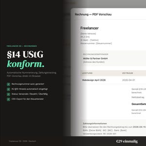 Może przedstawiać: Cyfrowy interfejs systemu fakturowania dla freelancer&oacute;w z czarnym paskiem bocznym zawierającym tekst &sect;14 UStG konform oraz białym obszarem gł&oacute;wnym wyświetlającym podgląd faktury PDF dla Webdesign April 2026 z polami na adres i dane płatności.