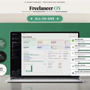 Może przedstawiać: Laptop wyświetlający interfejs pulpitu nawigacyjnego Freelancer OS z danymi finansowymi, śledzeniem projekt&oacute;w i listami klient&oacute;w. Ekran zawiera tekst w języku niemieckim, w tym Guten Abend, oraz panele boczne z okrągłymi ikonami i białymi polami.