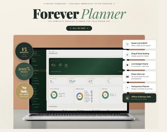Wedding OS / All-in-One Hochzeitsplaner (inglés) / con Countdown, Budget, Gästen, Moodboard y Sitzplan