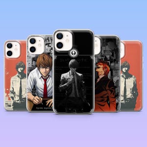 May include: Five clear smartphone cases featuring Death Note anime character graphics. The designs include illustrations of a character in a white shirt and red tie, a character in a suit, and collage-style black and white manga panels.