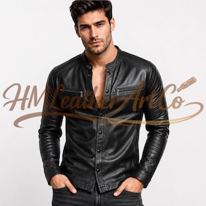 Men’s Leather Cafe Racer Jacket, Black Cowhide Snap Button Biker Style with Quilted Sleeves