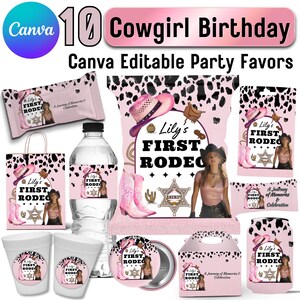 May include: A collection of editable party favors featuring a pink and black cow print theme. Items include a water bottle label, snack bags, cups, and gift boxes, all printed with the text Lily's FIRST RODEO and a sheriff star badge.