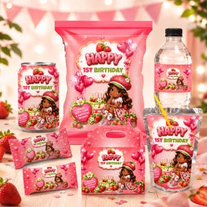 May include: A collection of party favors featuring a strawberry theme, including a snack bag, a beverage bottle, a drink pouch with a yellow straw, a small box, and two candy wrappers, all decorated with a girl character and Happy 1st Birthday text.