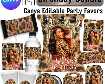 Brown Cheetah Birthday Party Favor Bundle Canva Template, Editable Cheetah Chip Bag, Sticker, Water Bottle, Cheetah Party Decor Digital File