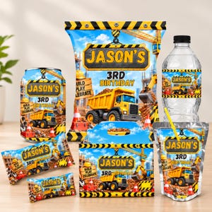 May include: A collection of construction-themed party supplies featuring a yellow dump truck, orange traffic cones, and the text Jason's 3rd Birthday Build Play Celebrate. Items include a chip bag, water bottle, juice pouch, and snack wrappers.