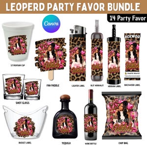 May include: A leopard print party favour bundle featuring 14 items including a styrofoam cup, fan paddle, lighter, hookalit, hooka label, backwood label, shot glasses, bucket label, tequila bottle, wine bottle, and a chip bag with pink accents.