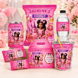 May include: A collection of pink birthday party supplies featuring a child, a castle, and the text Jasmine's is turning 5. Items include a chip bag, a soda can, a water bottle, a juice pouch with a straw, a treat box, and two candy wrappers.