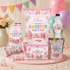 May include: A collection of party favors featuring a pink theme with cupcakes, donuts, and macarons. Each item displays the text 'Olivia 1st Birthday is Sweeter Than Ever!' and includes a chip bag, water bottle, juice pouch, candy bar, and treat box.