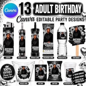 May include: A collection of 13 editable party designs featuring a black and silver theme with a man in a suit. Items include a lighter, hookah label, water bottle, fan paddle, bucket label, gift bag, chip bag, and cup, all labeled Birthday King.