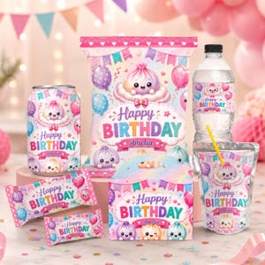 May include: A collection of birthday party supplies featuring a pastel theme with cartoon dumplings, balloons, and bunting. Items include a chip bag, a water bottle, a juice pouch with a yellow straw, a candy bar, and a box, all labeled Happy Birthday Amelia.