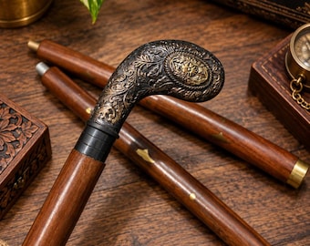 Victorian Gentleman Walking Cane: Engraved Brass Handle, Polished Wood Shaft (36" Length)