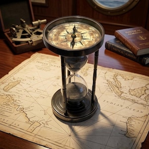 May include: A dark metal hourglass with a compass integrated into the top frame. The hourglass features two glass bulbs connected by a narrow neck, containing dark sand. The compass dial has black markings on a beige background.