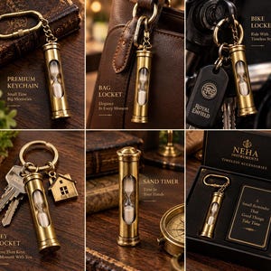 May include: A brass hourglass keyring featuring a cylindrical metal frame with a glass centre containing white sand. The set includes various configurations, such as a house charm, a key ring, and a black presentation box with the text Neha Instruments.