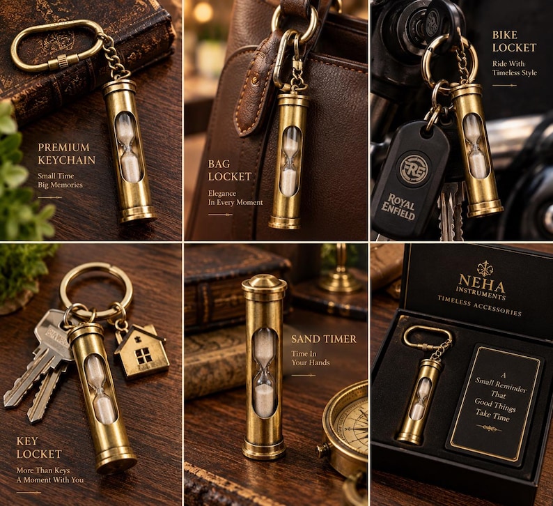 May include: A brass hourglass keyring featuring a cylindrical metal frame with a glass centre containing white sand. The set includes various configurations, such as a house charm, a key ring, and a black presentation box with the text Neha Instruments.
