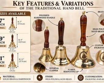 Personalized Brass Hand Bell with Wooden Handle, Custom Engraved Desk Bell for Wedding, Reception, Teacher, Dinner Bell, 7", 9", 11" Sizes