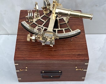 Nautical Brass Sextant: Marine Astrolabe with Wooden Box