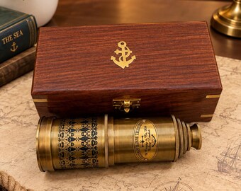 Antique Brass Telescope with Anchor Box: Nautical Spyglass (20" Extending)