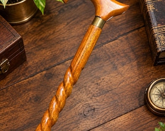 Handcrafted Wooden Walking Cane, Vintage Style, Carved Handle, Rustic Mobility Aid (36 Inch)