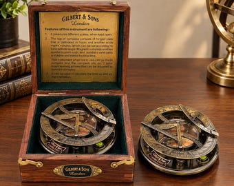 Vintage Brass Sundial Compass, Nautical Navigation Instrument, Wooden Box (Gilbert & Sons)