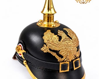 German Pickelhaube Helmet, Prussian Spike WWI Officer Style, Leather Cosplay Handmade Replica, Military Costume & Display