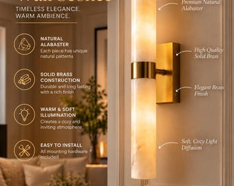 Natural Alabaster wall Sconce | Handmade Brass Vertical Light |Modern Luxury