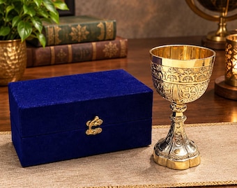 Hand-Engraved Brass Goblet Chalice | Royal Blue Velvet Box (16cm)