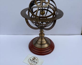 12" Handcrafted Brass Armillary Sphere: Antique Celestial Globe with Wooden Base (Nautical Decor)