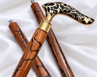 Handcrafted Wooden Walking Cane with Engraved Brass Derby Handle (Folding Travel Stick)
