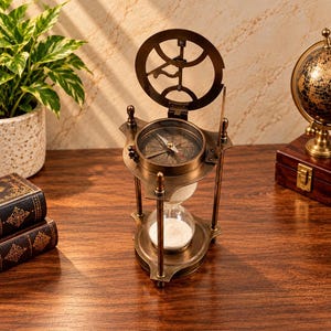 Vintage Brass Sand Timer Hourglass with Sundial Compass: Nautical Maritime Decor