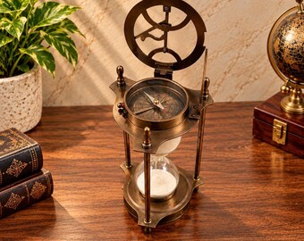 Vintage Brass Sand Timer Hourglass with Sundial Compass: Nautical Maritime Decor