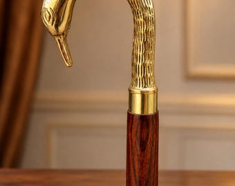 Handcrafted Brass Duck Head Walking Cane: Twisted Wood Shaft, Victorian Gentleman Travel Stick