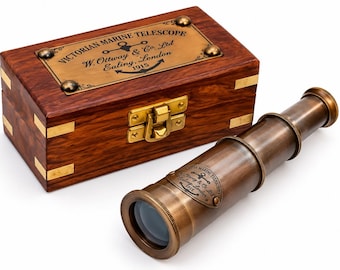 Vintage Brass Telescope with Wooden Box, Nautical Desk Decor, Pirate Spyglass