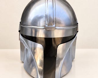 Wearable Steel Mandalorian-Style Helmet, Sci-Fi Cosplay Armor Replica, Handmade Costume Helmet