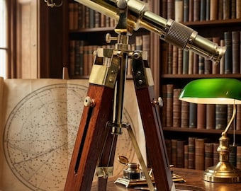 Vintage Brass Telescope with Wood Tripod – 5X Magnification Nautical Décor