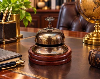 Vintage Brass Hotel Reception Bell – Antique Wooden Base Service Call Bell