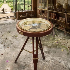 Può includere: Un grande tavolo a bussola circolare con un bordo in ottone e un design dettagliato a rosa dei venti sul piano. Il tavolo è sostenuto da una base a treppiede in legno scuro con componenti in ottone regolabili su un pavimento in cemento.