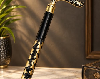 Vintage Antique Brass And  Wood Walking Cane, 36 Inch Decorative Walking Stick, Luxury Black & Gold Cane, Classic Gentleman Gift, Home Decor
