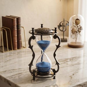 Peut inclure: Un sablier doté d'un cadre métallique sombre avec des supports incurvés ornés et un capuchon décoratif. Les ampoules en verre transparent contiennent du sable bleu vif, une partie du sable s'écoulant de l'ampoule supérieure vers l'inférieure.