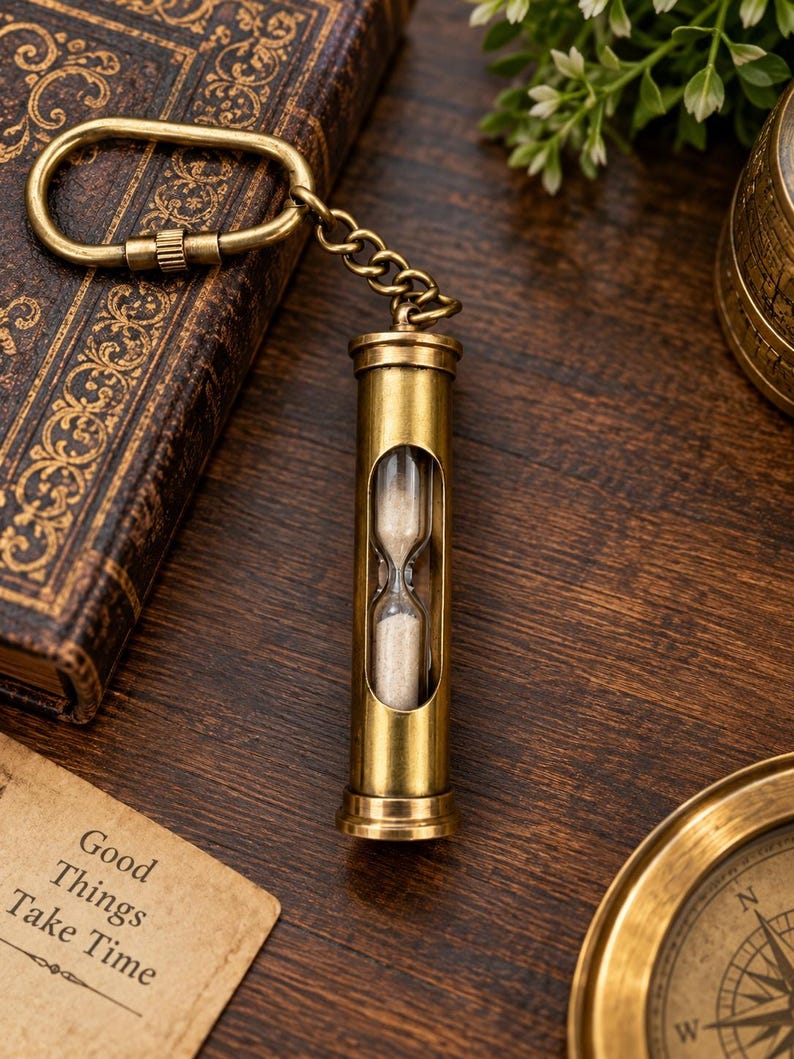 May include: A brass hourglass keyring featuring a cylindrical metal frame with a central glass window revealing white sand. The hourglass is attached to a brass oval carabiner by a short metal chain, creating a functional accessory.