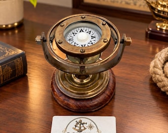 Vintage Brass & Wood Nautical Compass Decorative Desk Ornament – Antique Maritime Home Decor