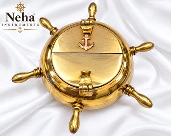 Handcrafted Brass Ship Wheel Ashtray | Nautical Anchor Engraved, Windproof Design