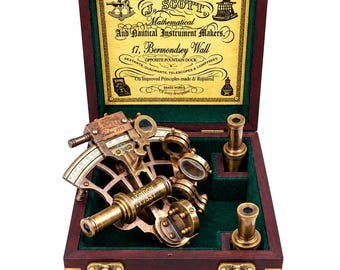 Working Brass Sextant With Two Telescopes, Antique Nautical Instrument (Wooden Box)