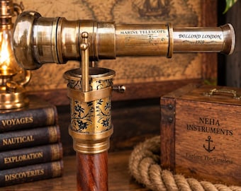Handcrafted Rosewood Spyglass Walking Cane | Brass Telescope & Compass (38" Steampunk Gift)