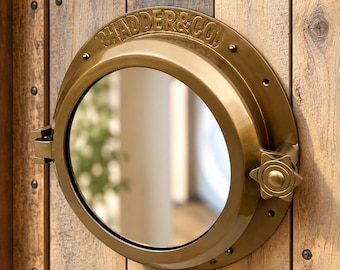 16" Nautical Porthole Mirror Wall Cabinet – Antique Brass or Chrome Silver Hinged Frame with Wooden Shelf Storage & Engraved Detail