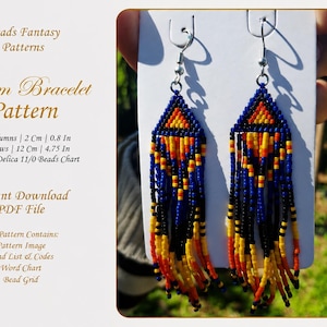Pode incluir: Um par de brincos de franjas com missangas, uma secção superior triangular e longos fios pendentes numa paleta de cores azul, preto, laranja e amarelo. O texto diz Beads Fantasy Patterns, Loom Bracelet Pattern, 15 Columns | 2 Cm | 0.8 In, 71 Rows | 12 Cm | 4.75 In, Miyuki Delica 11/0 Beads Chart, Instant Download PDF File, The Pattern Contains: Pattern Image, Bead List & Codes, Word Chart, Bead Grid.